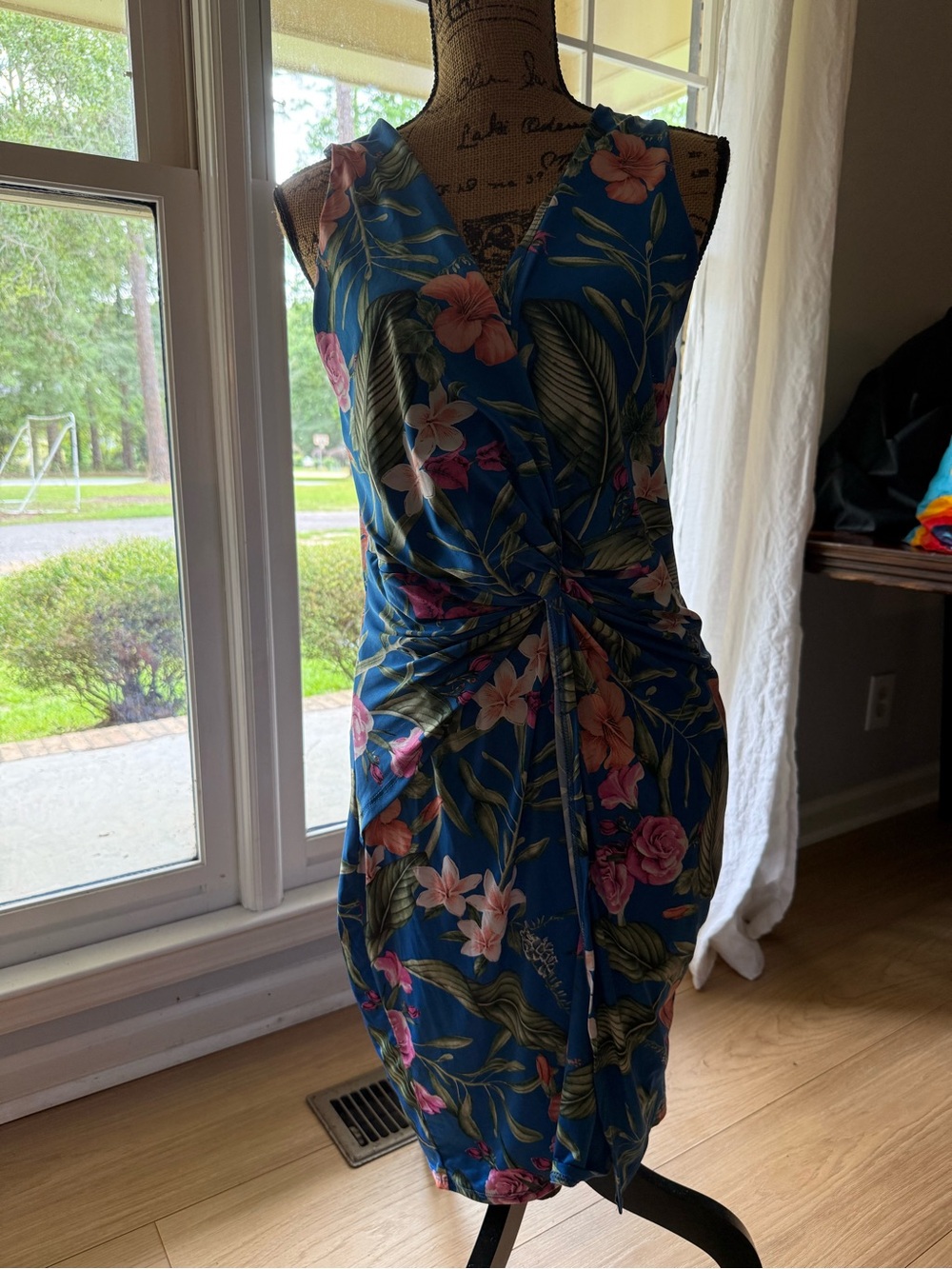 Lilian Blue Tropical Floral Twist-Front Midi Dress